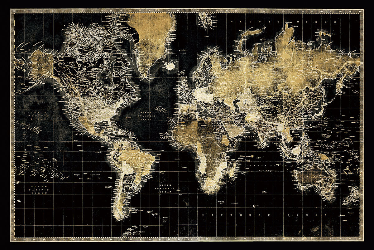 Glasschilderij Gouden Reis: Wereldkaart in 3D Reliëf | horizontaal | 160x110