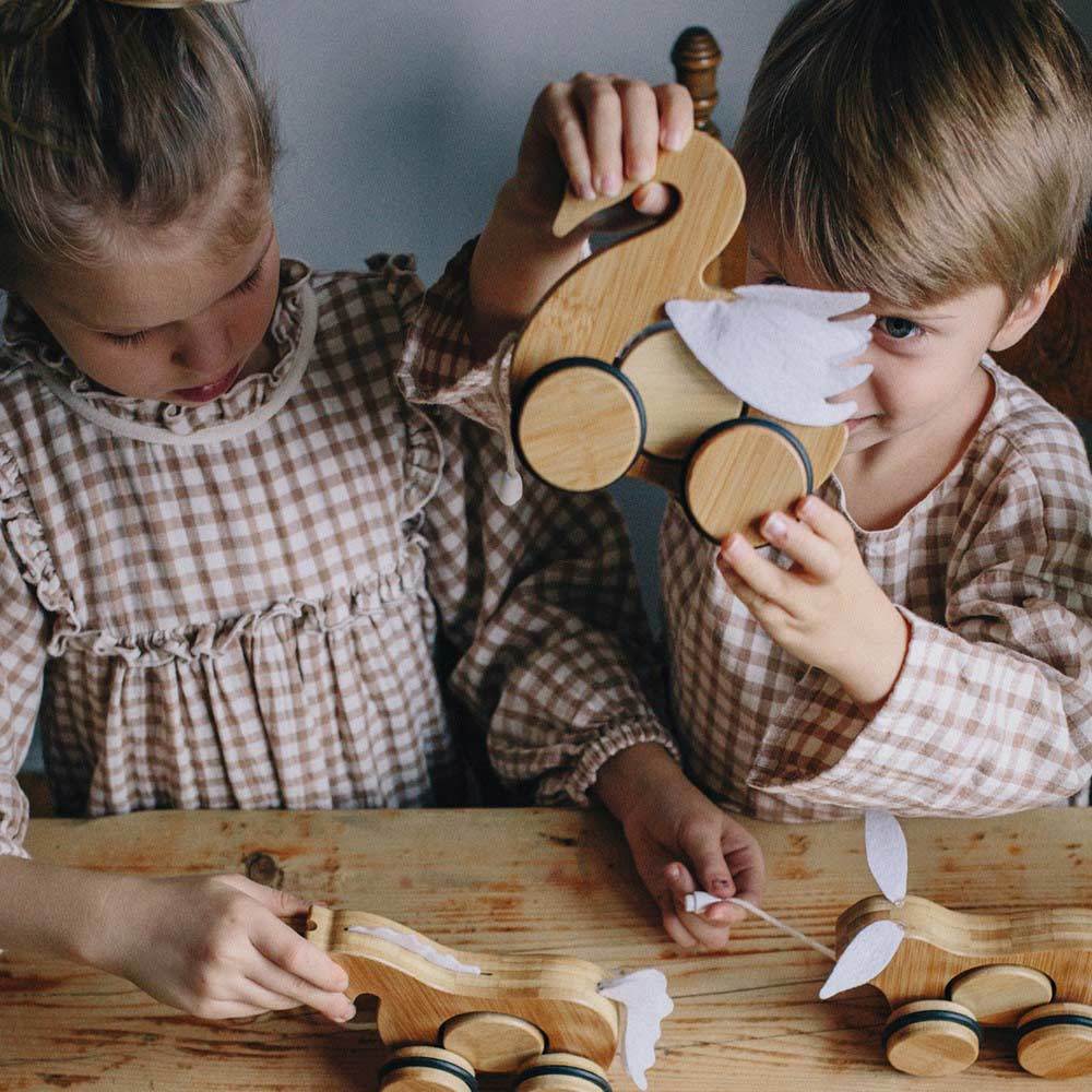 Kinderfeets houten speelgoed bamboo trekfiguur zwaan