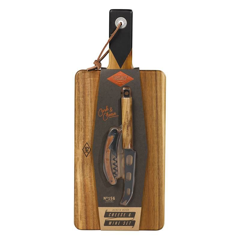 Retro serveerplank met kaasmes en wijnfles opener
