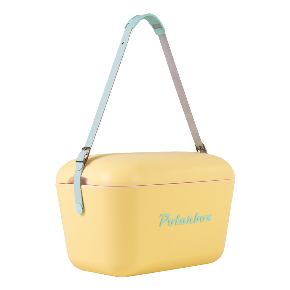 Polarbox retro koelbox geel met blauwe band - 20 liter - Duurzaam geproduceerde trendy koelbox