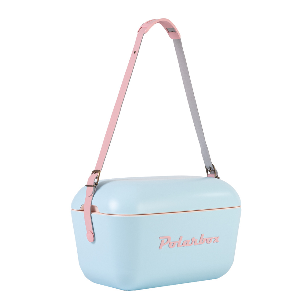 Polarbox retro koelbox pop blauw met roze band - 20 liter - duurzaam geproduceerde trendy koelbox