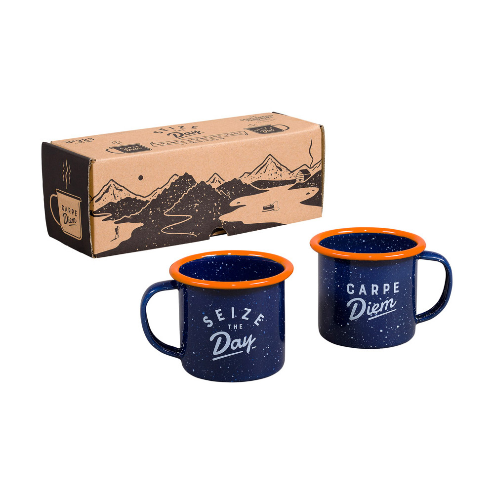 Retro emaille espresso mokken set van 2 donkerblauw