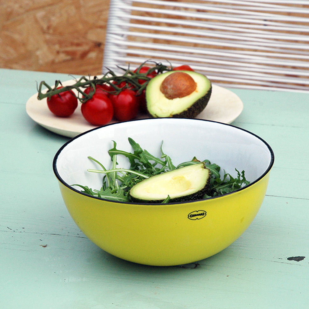 Retro saladeschaal emaille geinspireerd sunny yellow