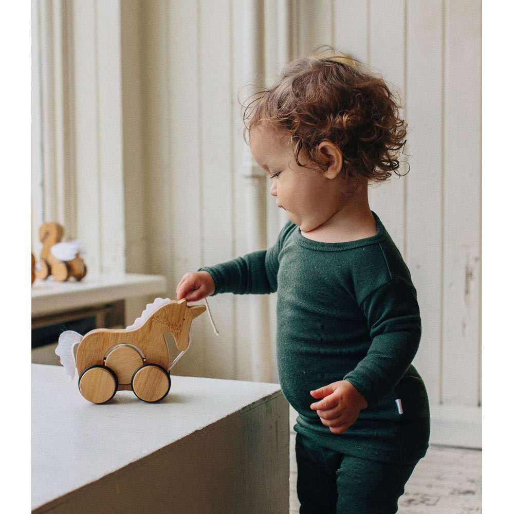 Kinderfeets houten speelgoed bamboo trekfiguur eenhoorn