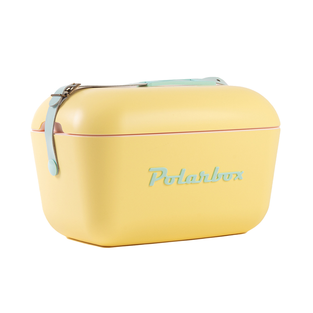 Polarbox retro koelbox geel met blauwe band - 12 liter - Duurzaam geproduceerde trendy koelbox