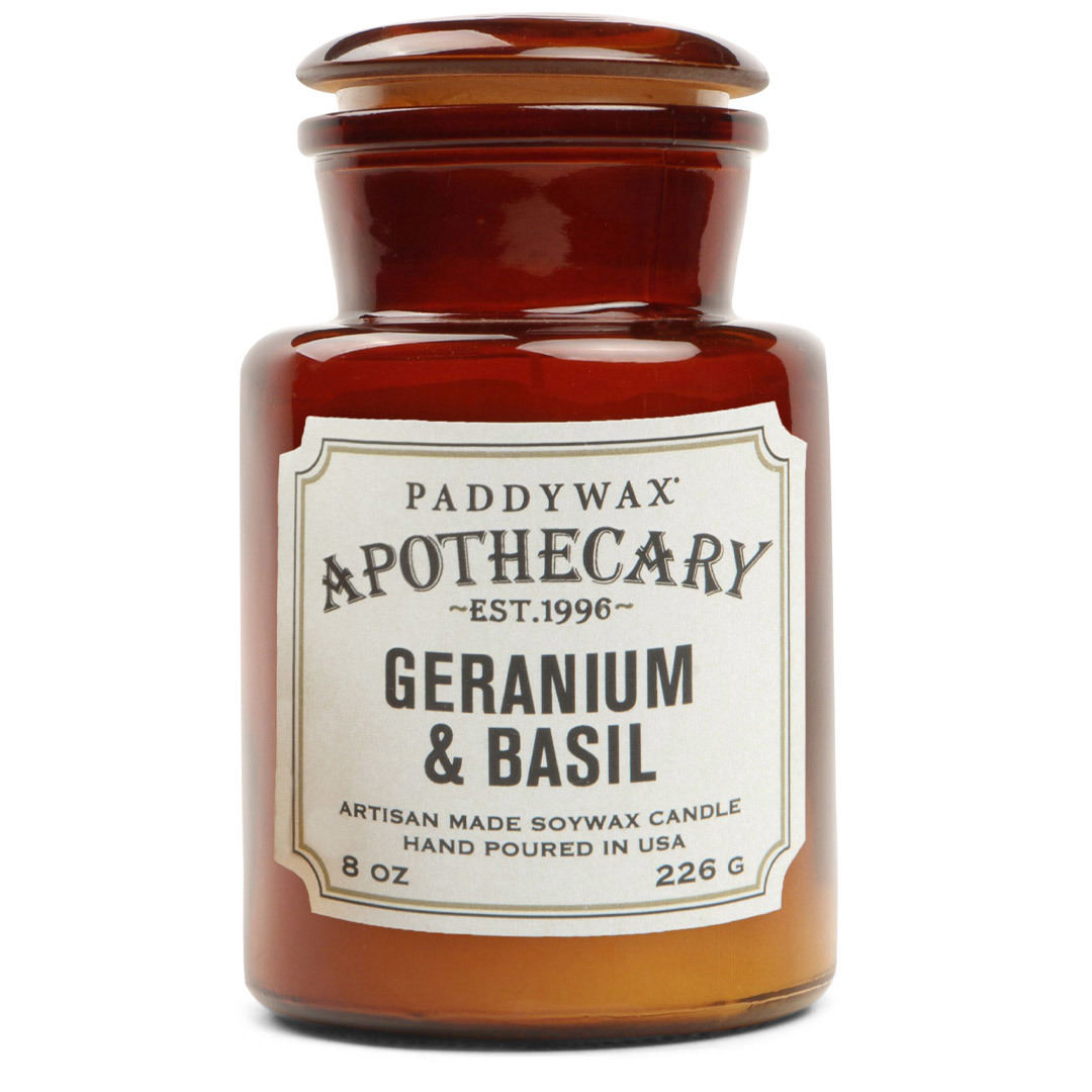 Geurkaars geranium + basil - in glazen apothekerspot