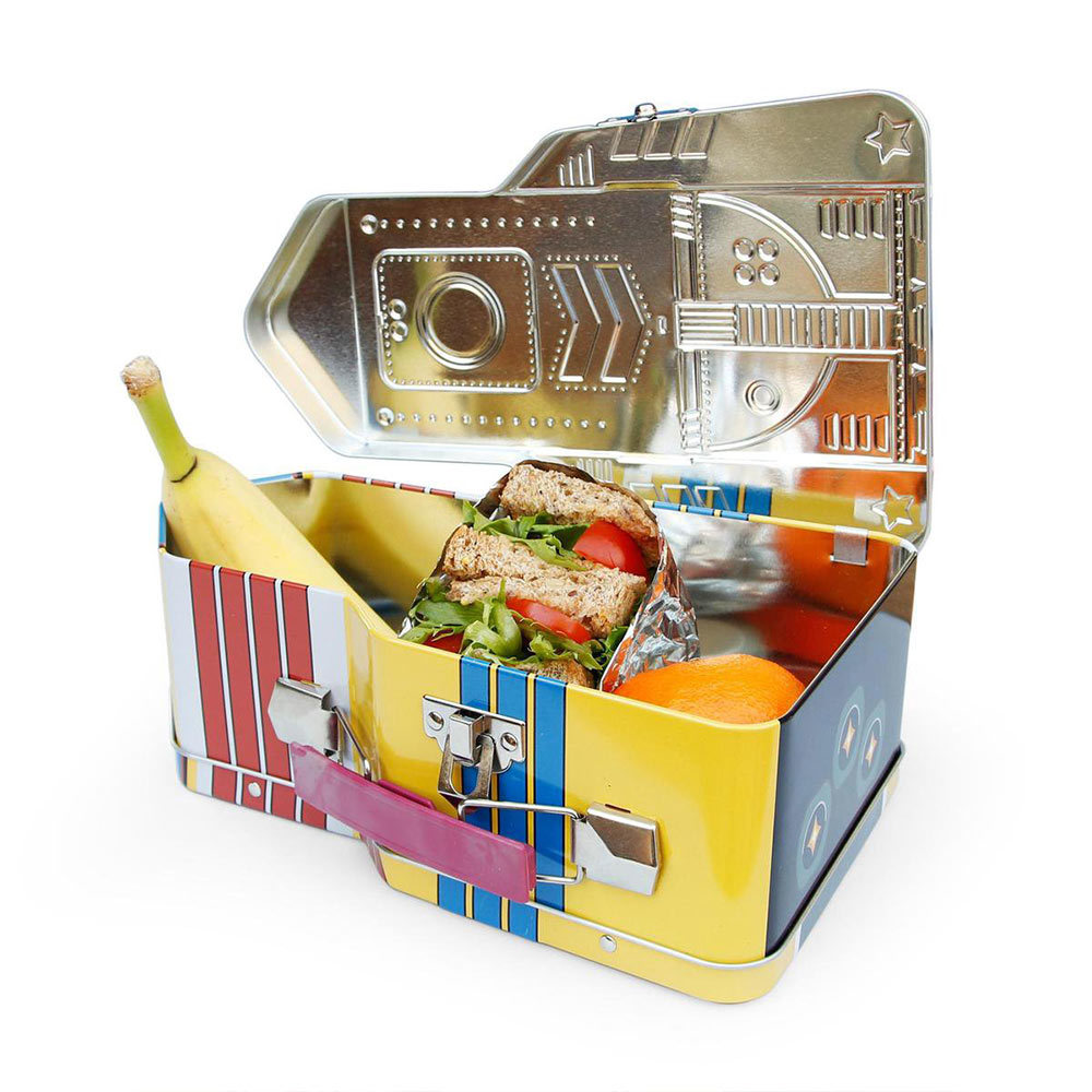 Raket retro tinnen lunchbox geel/blauw