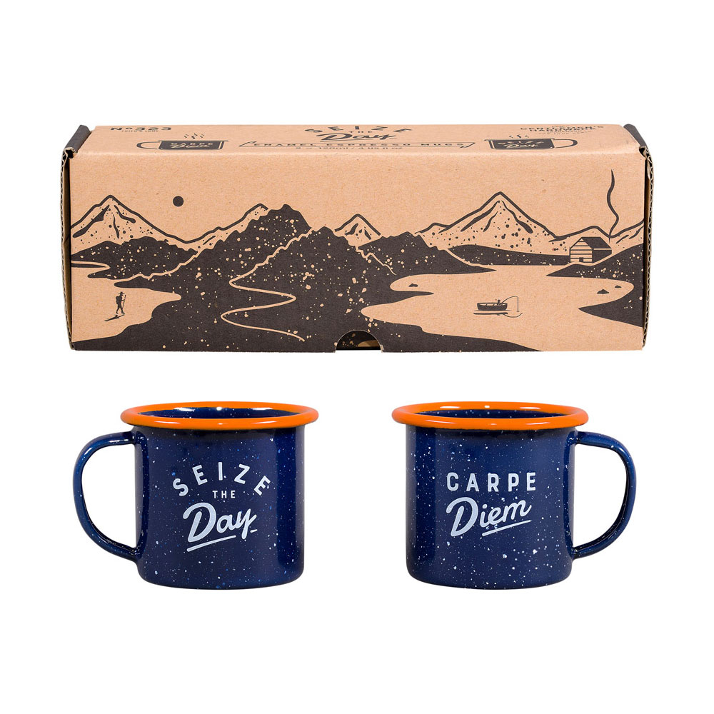 Retro emaille espresso mokken set van 2 donkerblauw