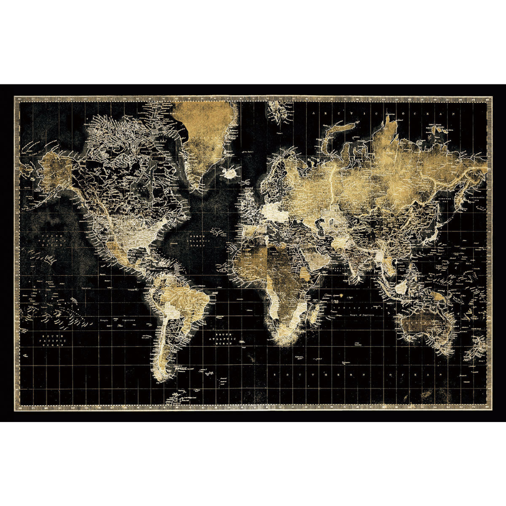 Glasschilderij Gouden Reis: Wereldkaart in 3D Reliëf | horizontaal | 160x110