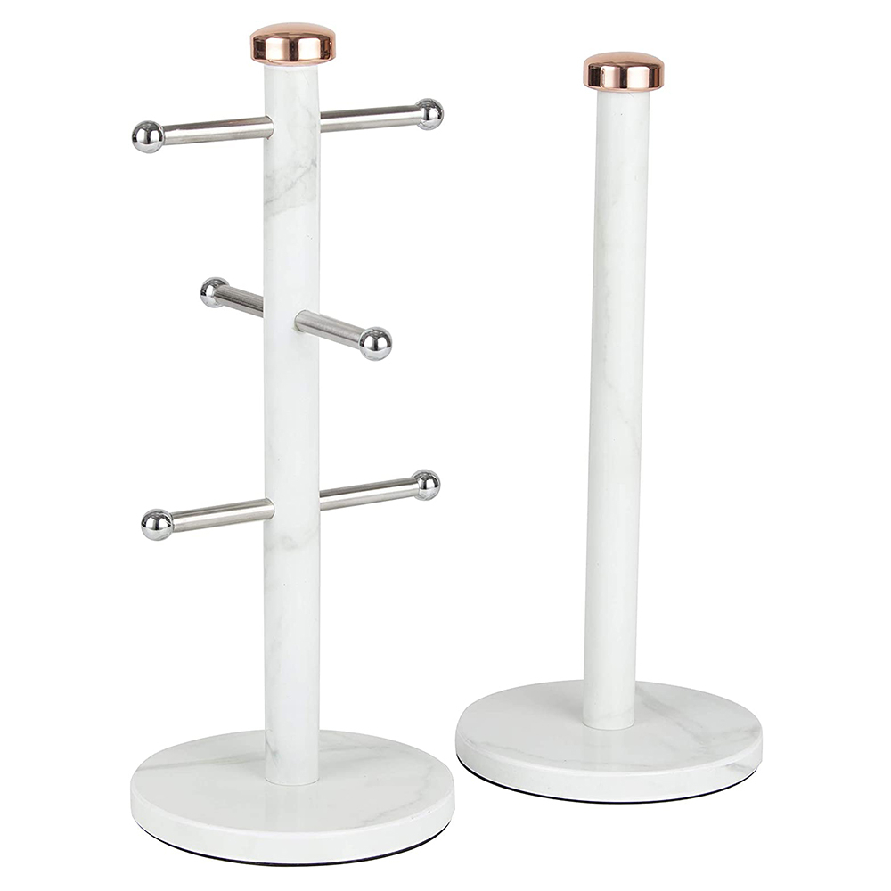 Retro kopjeshouder & keukenrolhouder set van 2 rose gold marmer