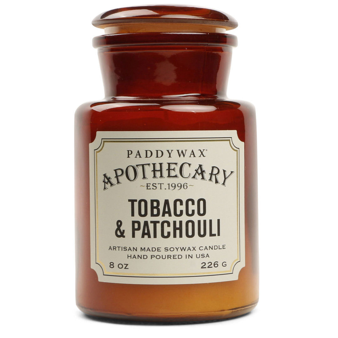 Geurkaars tobacco + patchouli - in glazen apothekerspot