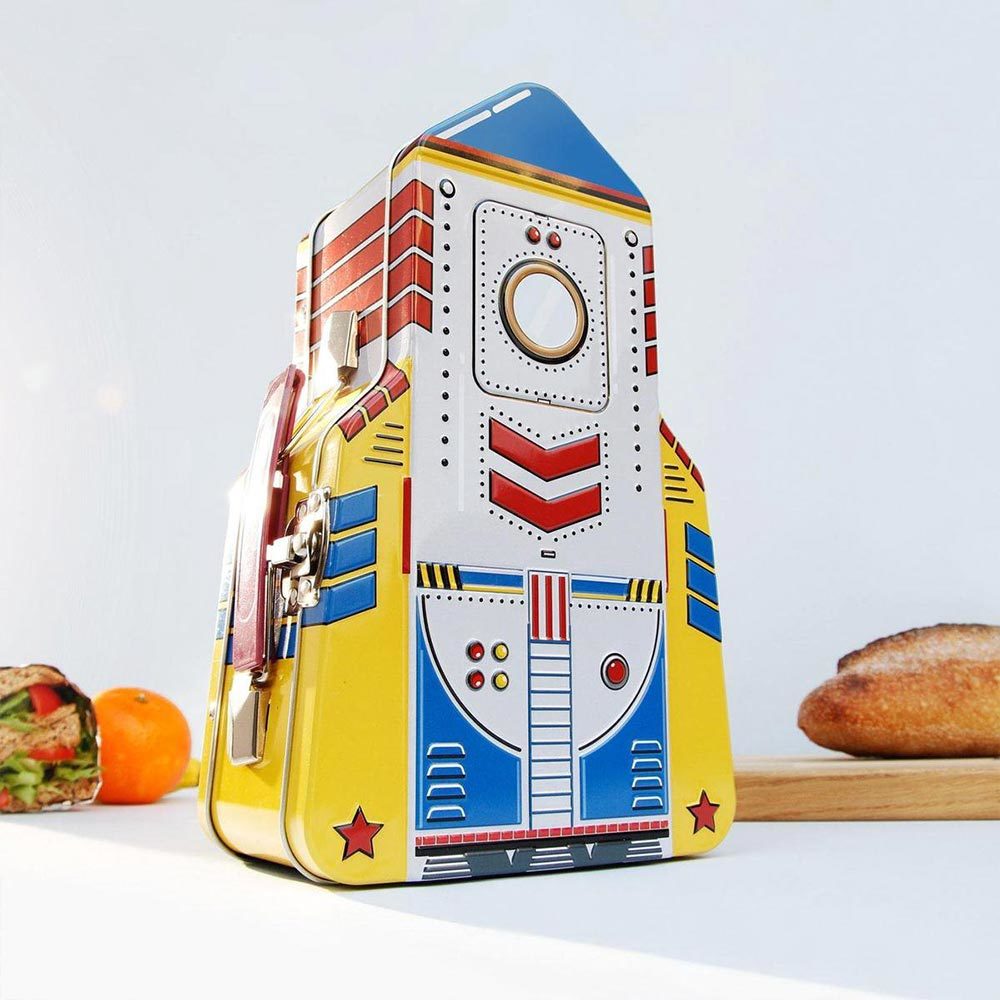 Raket retro tinnen lunchbox geel/blauw