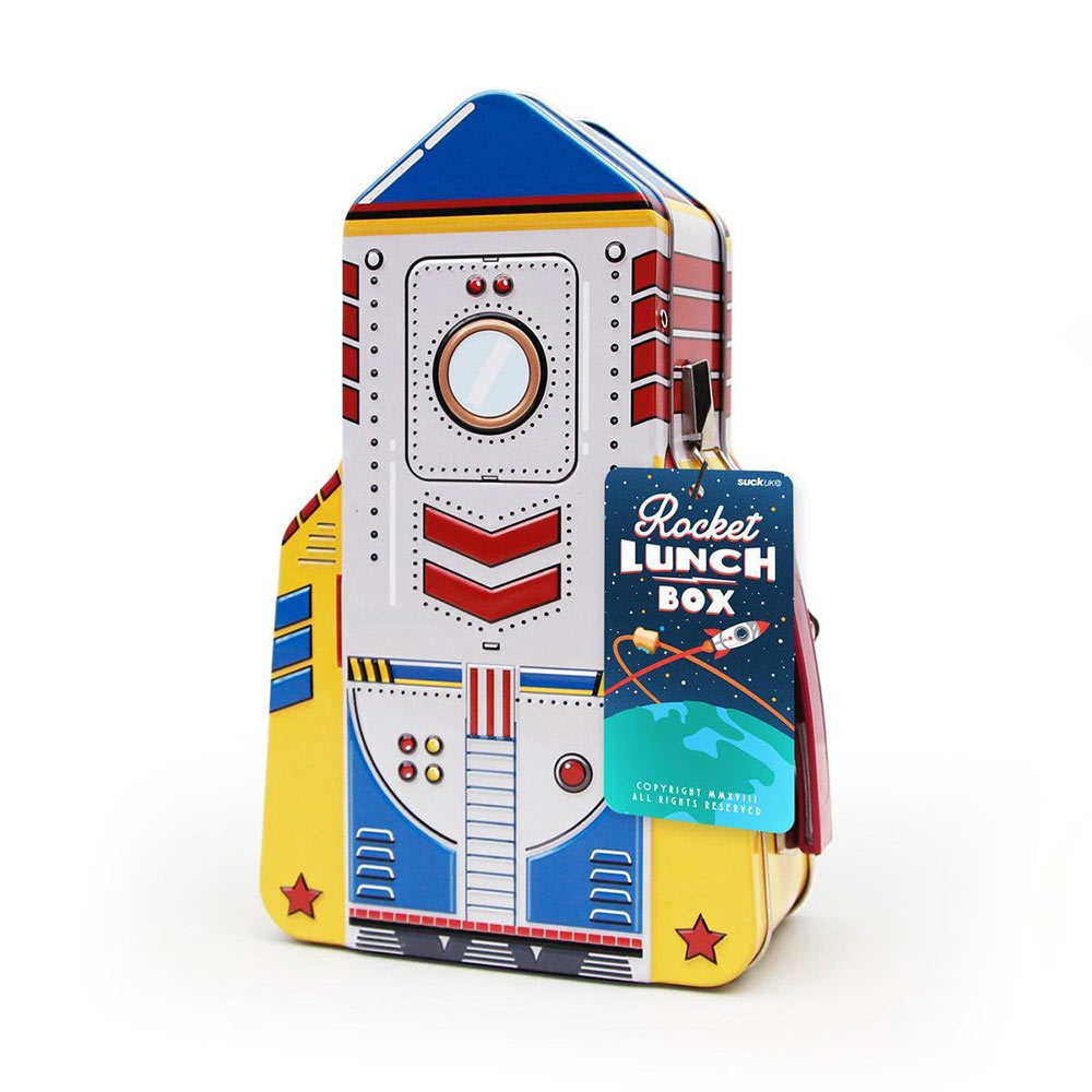 Raket retro tinnen lunchbox geel/blauw