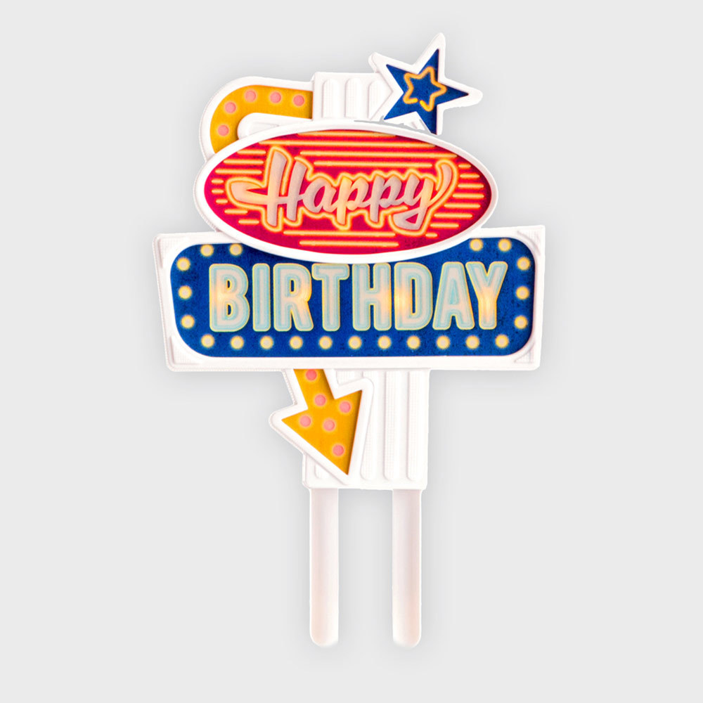 Retro taarttopper Happy Birthday met verlichting