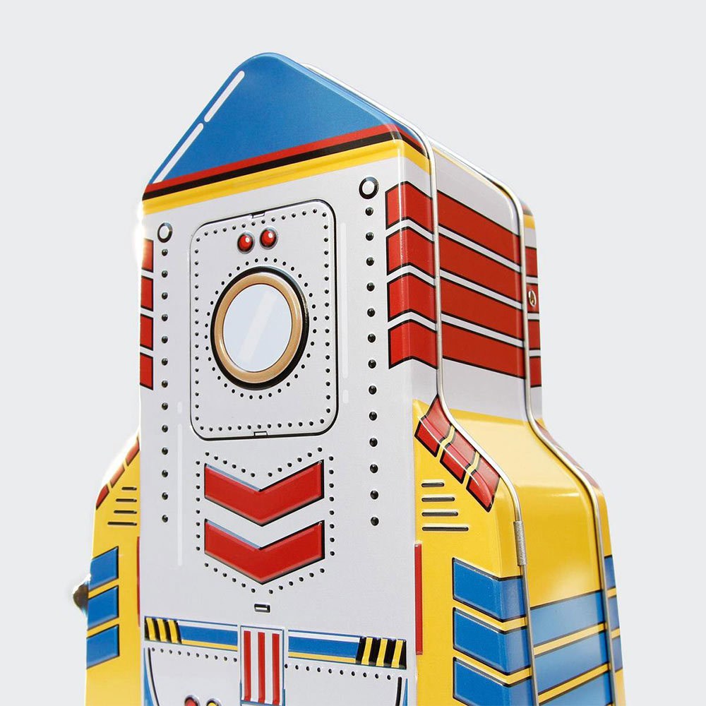 Raket retro tinnen lunchbox geel/blauw