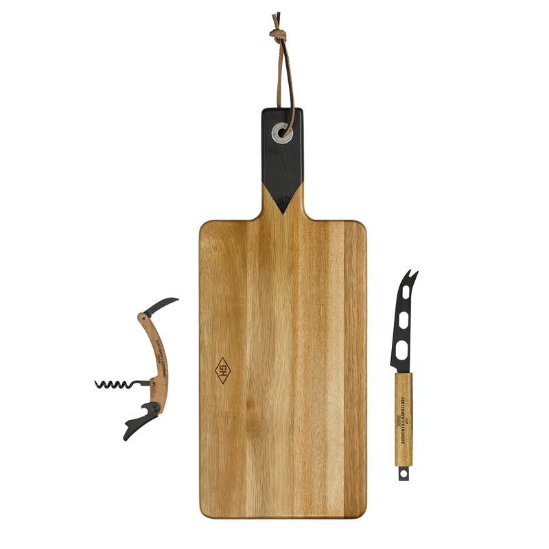 Retro serveerplank met kaasmes en wijnfles opener