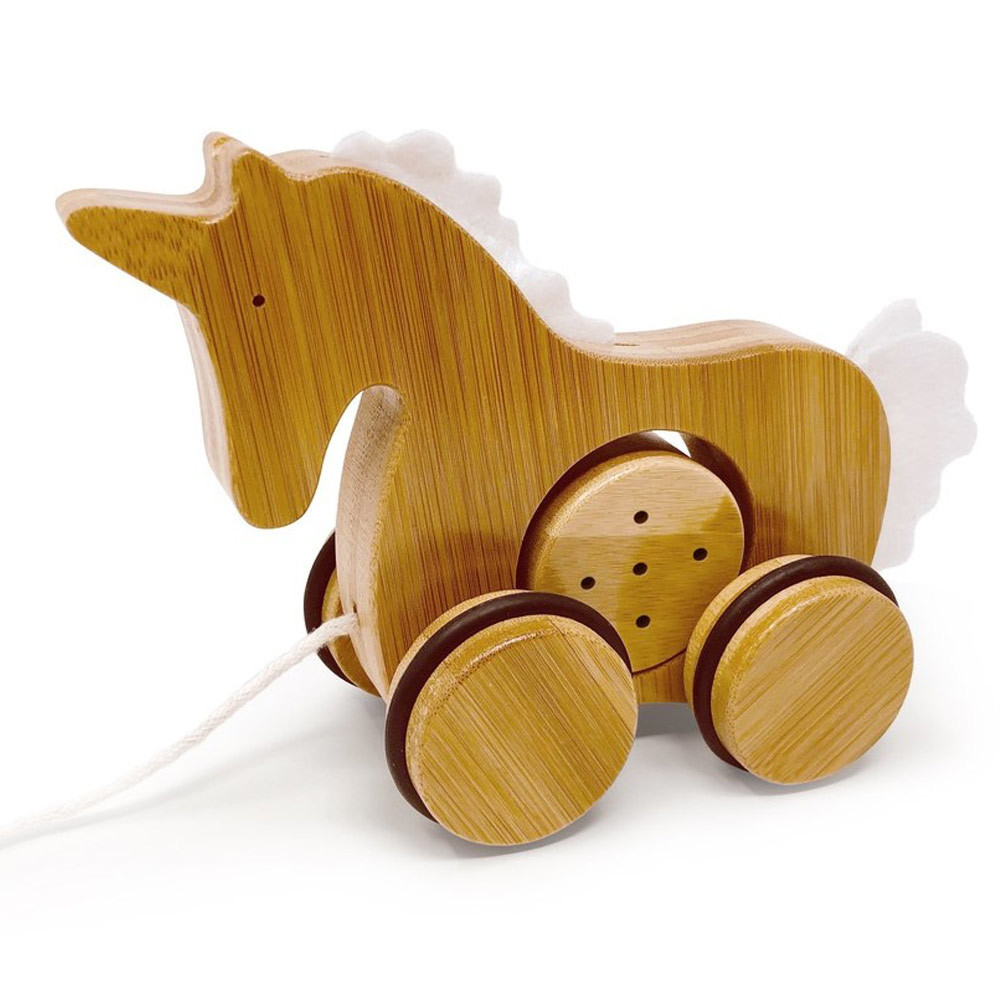 Kinderfeets houten speelgoed bamboo trekfiguur eenhoorn