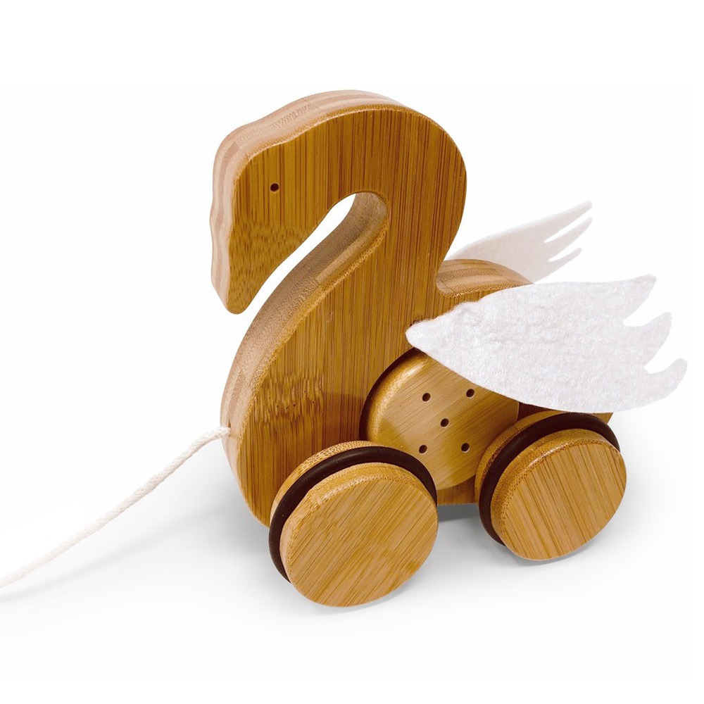 Kinderfeets houten speelgoed bamboo trekfiguur zwaan