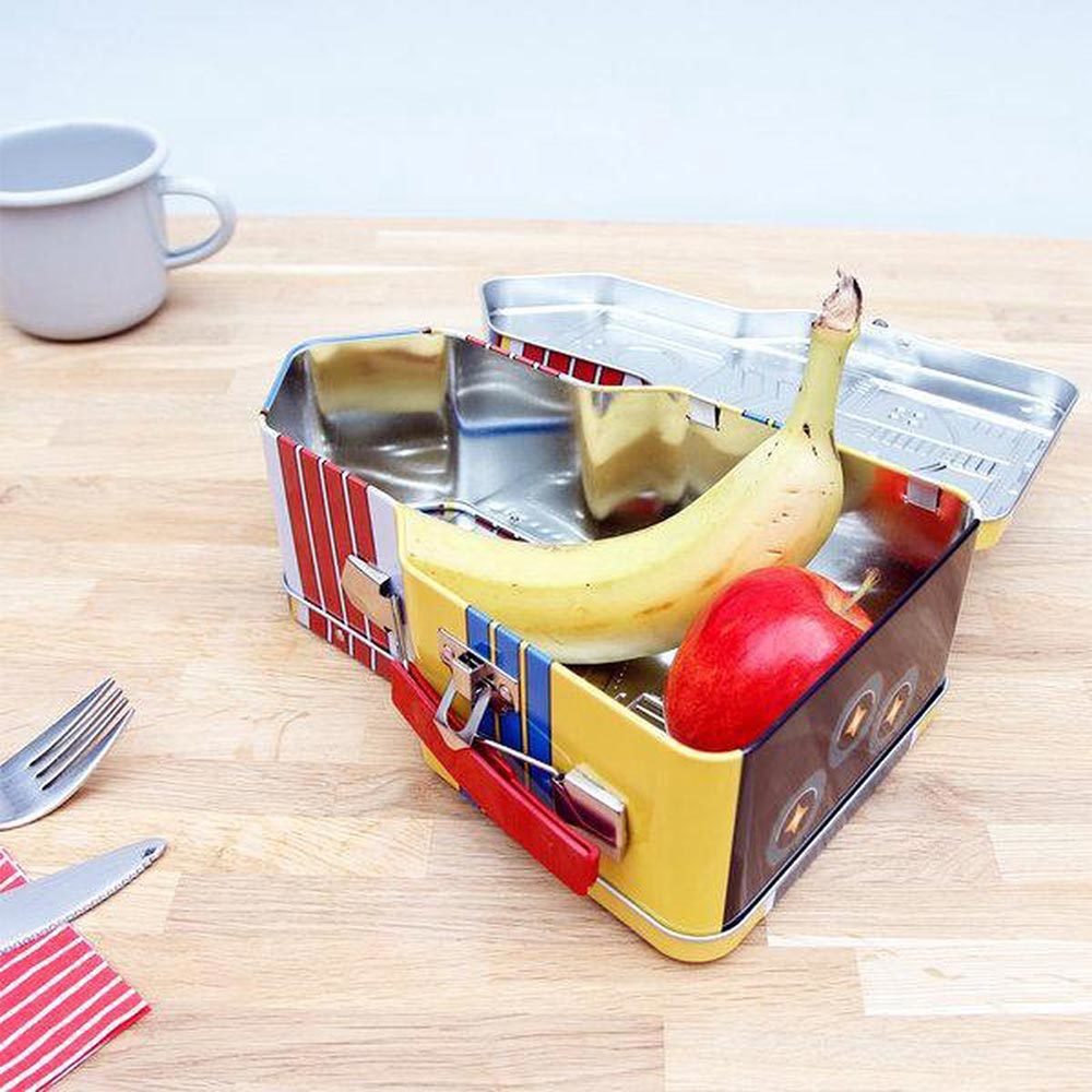 Raket retro tinnen lunchbox geel/blauw