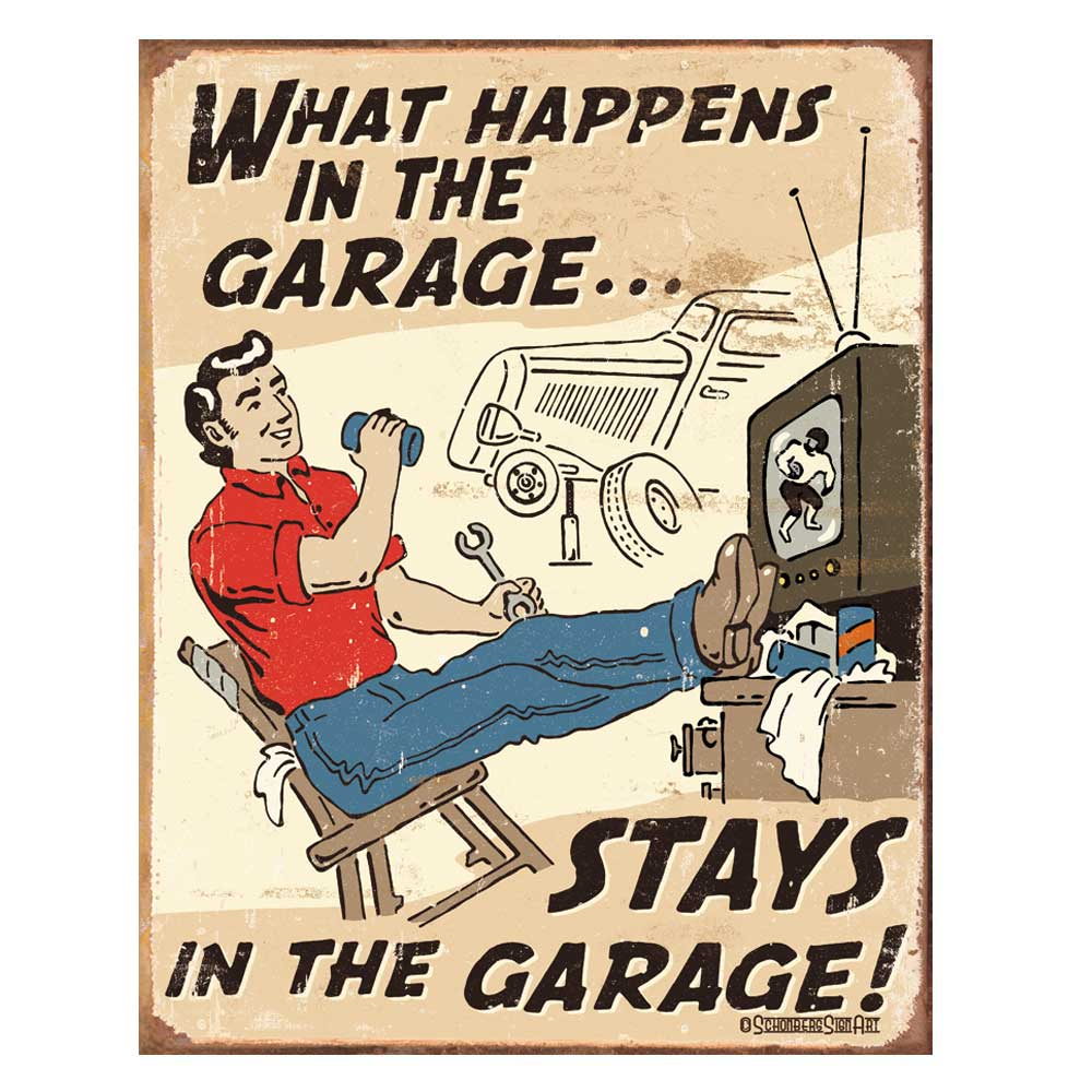 Metalen Retro Bord What Happens In The Garage