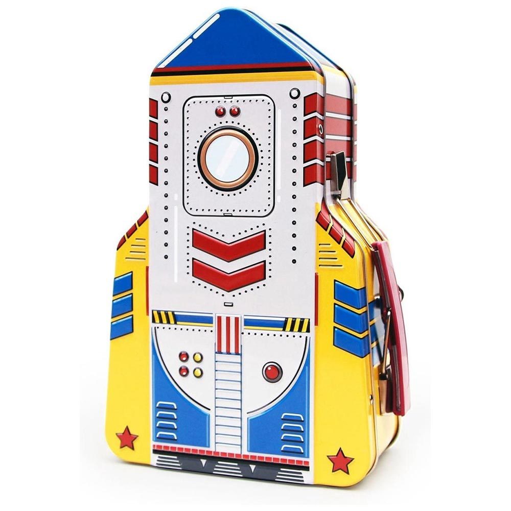 Raket retro tinnen lunchbox geel/blauw